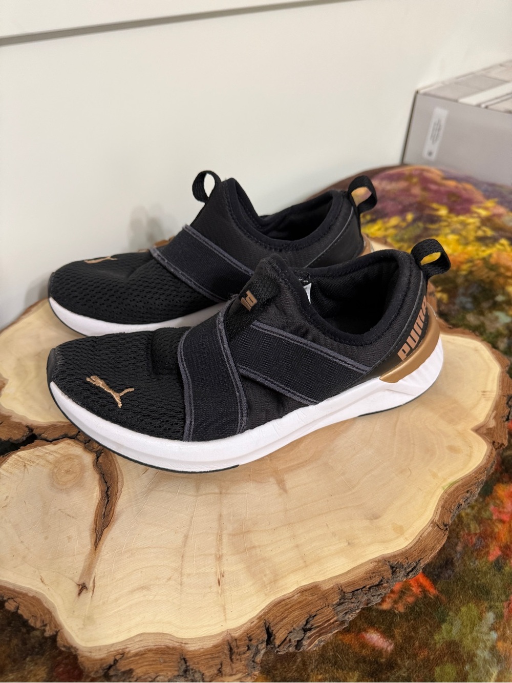 Puma Kids Black and Gold Slip-On Sneakers